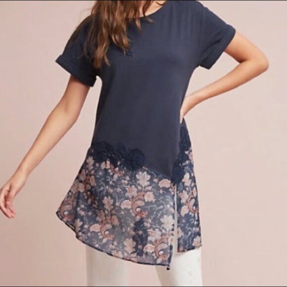 Akemi + Kin for Anthropologie Mixed Boho Floral Tunic Tee Top (Size S) - Picture 1 of 15